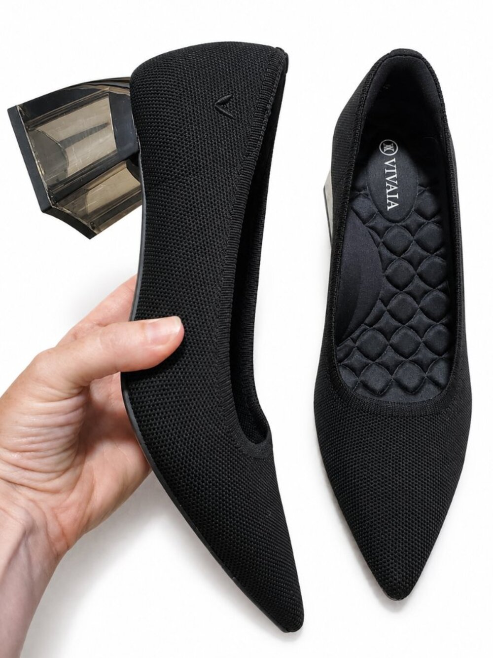 VIVAIA Aria Pointed Toe Clear Block Heel Pumps Shoes Black 40EU 9US Knit Slip-On